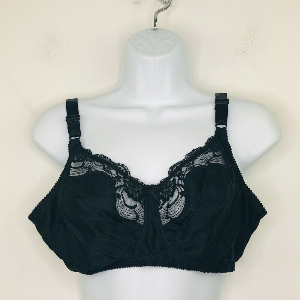 Lilyette 36D Bra Black Satin Lace Unpadded Wireless Full Cup Bralette BJ21